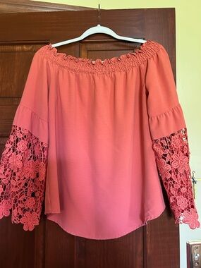 Off-Shoulder Crochet Sleeve Women’s Top - Coral Pink